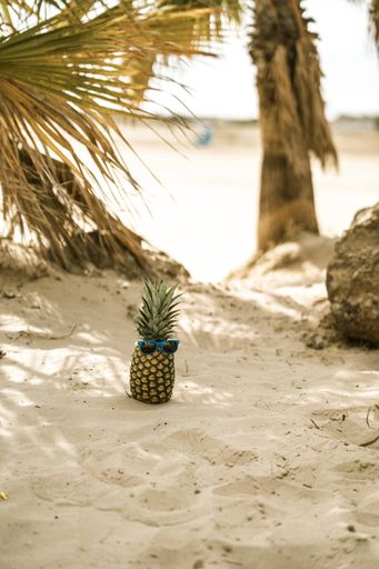 A funny photo of a pineapple with sunglasses under palm trees at a sandy beach