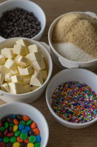 A top view of different ingredients of a cookie in white bowls put on a wooden kitchen table