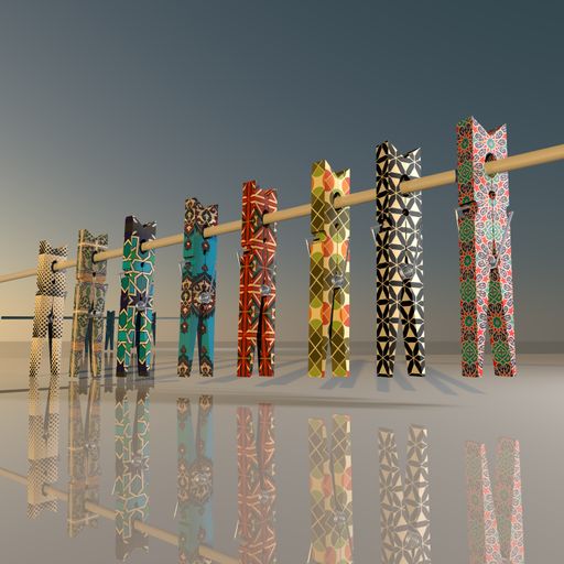 An Assortment of clothespins suspended in the air, with one delicately leaning on another