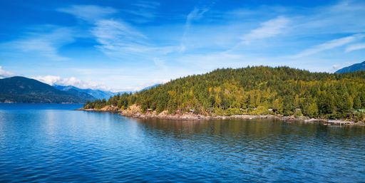 Rocky shore in Canadian Nature Landscape. Aerial Background. Bowyer Island, BC, Canada.
