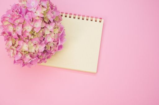 A top view of a bouquet of hydrangeas with a blank notepad isolated on a pink background with space for text