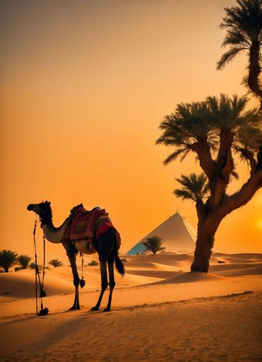 A Camel in desert with Egyptian pyramids in background