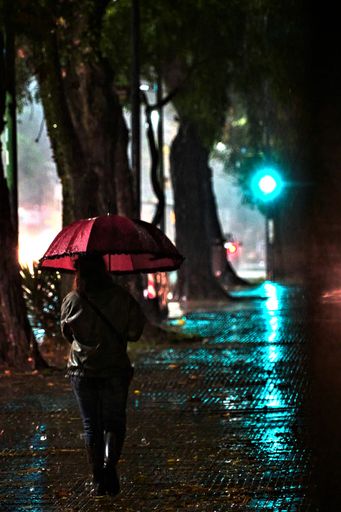 A vertical shot of a woman walking in the street and holding an umbrella