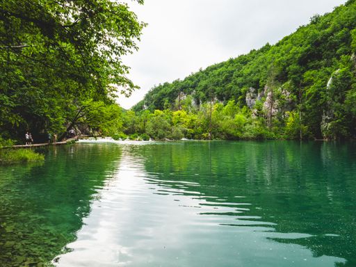 A scenic view of lush green forest and a serene river in Plitvice Lakes National Park, Croatia