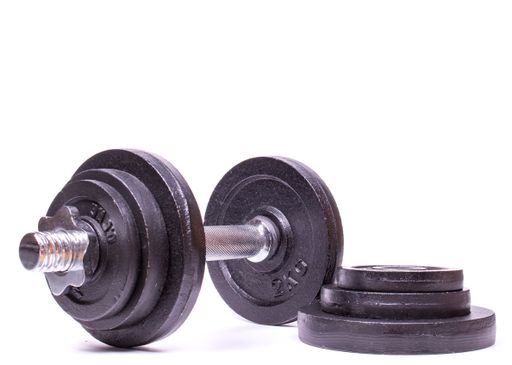 A closeup shot of a rubber dumbbell isolated on a white background