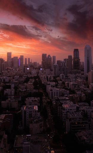 An aerial view of Tel Aviv skyline, Israel at sunset