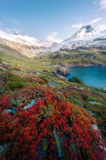 An autumnal mountain landscape view with blueberry bushes, snow-capped peaks and lake in Switzerland