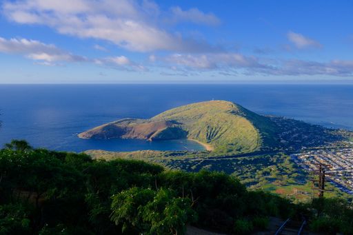 An aerial view of Hanauma Bay from Koko Crater Railway Trail