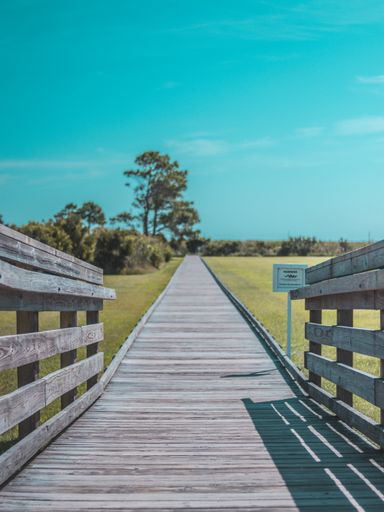 A vertical symmetric shot of a wooden bridge in a green field with trees and blue sky
