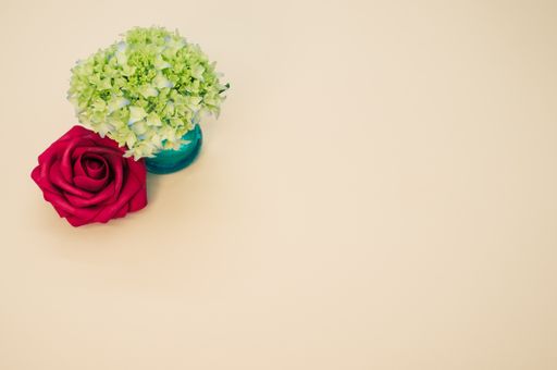A high angle shot of french hydrangea buds with a rose on a light brown surface with space for text