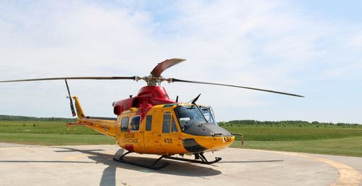 Wiarton, Ontario \ Canada - June 10, 2021: Close-up of Royal Canadian Air Force military rescue Helicopter