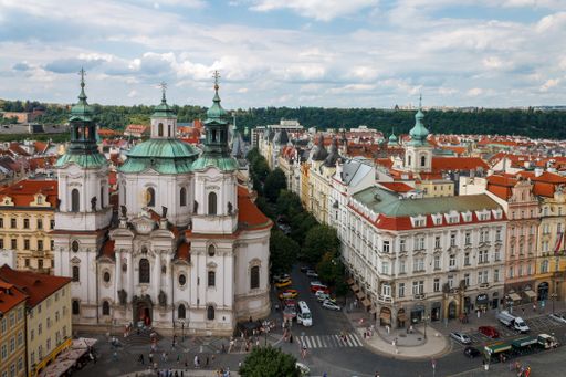 An aerial view of Starometske Namesti main square and the facade of St Nicholas church in Prague, Czech Republic