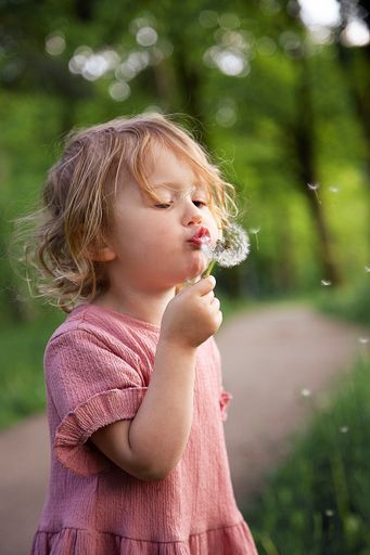 A shallow focus shot of a cute little caucasian girl blowing dandelion seeds standing on a pathway