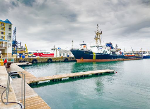 Cape Town, South Africa - March 8, 2023: Shipyard docks at V and A Waterfront Harbour