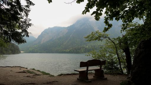 A bench near a river surrounded by hills covered in greenery and fog at daytime