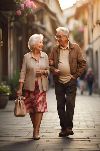 Elderly couple stroll in city with bags & backpacks
