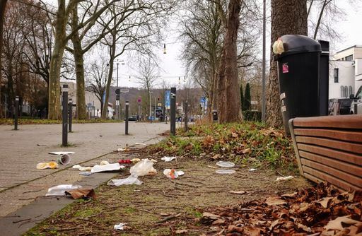 The fast food packaging polluting the ground near a garbage box due to social misbehavior in an urban environment