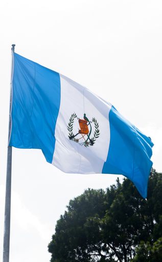 Flag of Guatemala, declared a national symbol on August 17, 1871, coat of arms waving in the wind.