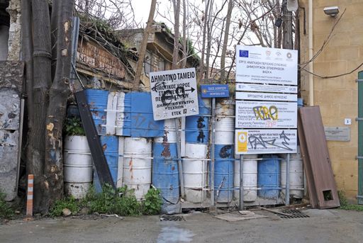 20 February 2020 - Nicosia, Cyprus: Barbed wire and obstacles at the border to the buffer zone "Green Line" in Nicosia, Cyprus, secured by the U.N.