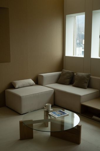 a living room with a fabric sofa where soft light comes through the window