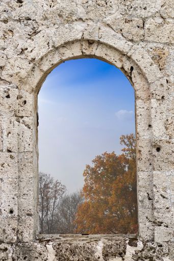 A vertical shot of park scenery through a stone arched window