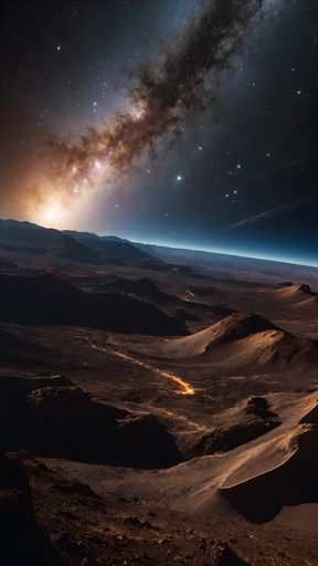 Starry sky above desert dunes and landscape with planets and stars