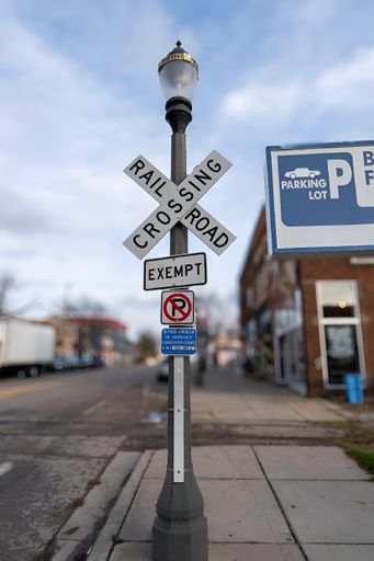 Rail road crossing sign in Old Town Lansing