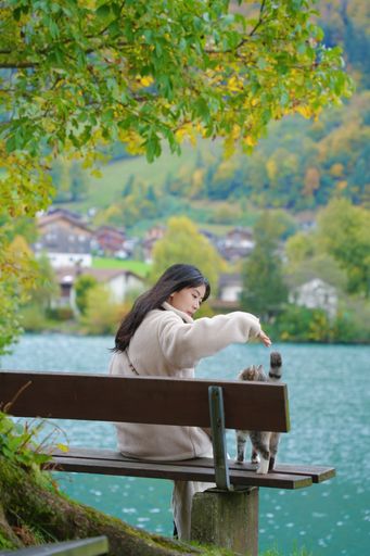 A young woman seated on a wooden bench by a tranquil lake petting a cat