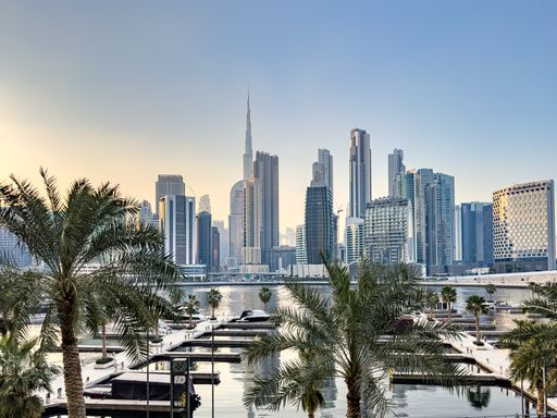 View of Dubai skyline including the Burj Khalifa, the world's tallest skyscraper as seen from Business Bay