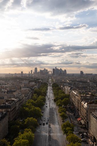 An aerial view of Paris skyline at sunset