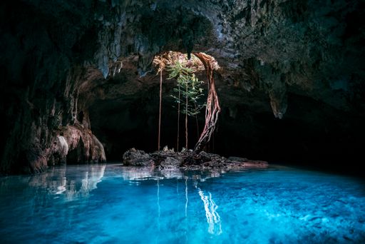 A scenic view of Sac Actun Cenote with blue water in Tulum, Mexico