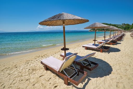 Holidays in the Greek islands, Koukounaries beach, Skiathos island, Greece, world famous beach, summer 2021