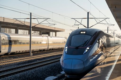 Qingdao,China-Feb,16th 2024: Chinese made high speed train arrived in station. China  has one of world fastest speed train.