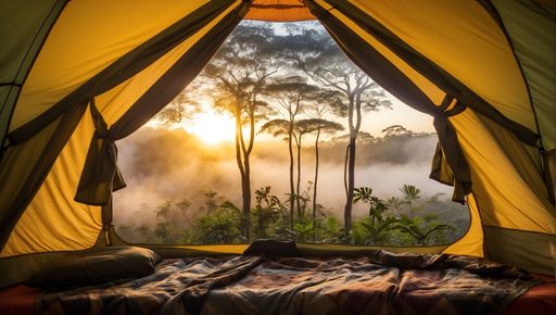 Scenic view through tent opening onto misty jungle scenery