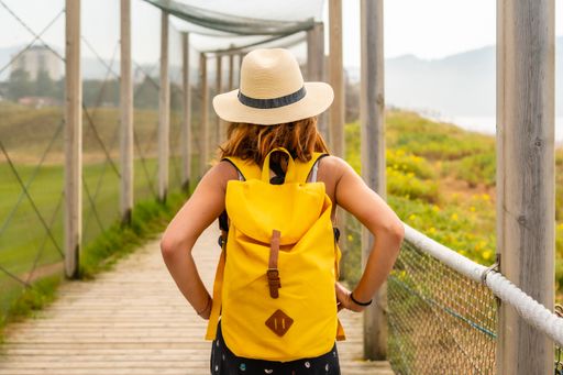 A closeup shot of a young and adventurous caucasian female walking alone along the beach