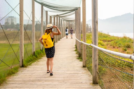 A closeup shot of a young and adventurous caucasian female walking alone along the beach