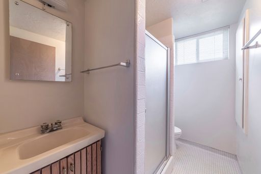A mirror and a sink in a minimalistic bathroom with a narrow corridor leading to the toilet seat