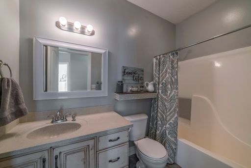 A mirror, a sink, and a bath with a curtain in a bathroom