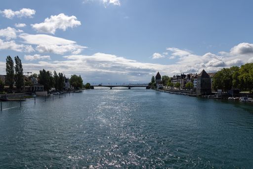 The view from the bicycle bridge to the old Rhine bridge over the Rhine to Lake Constance