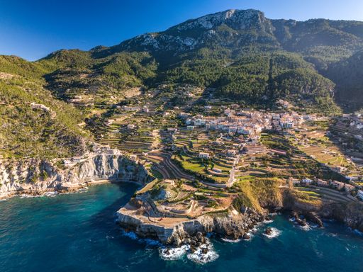 An aerial view of Banyalbufar in Mallorca on a sunny day