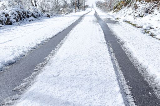 wheel marks of a car on a snowy road
