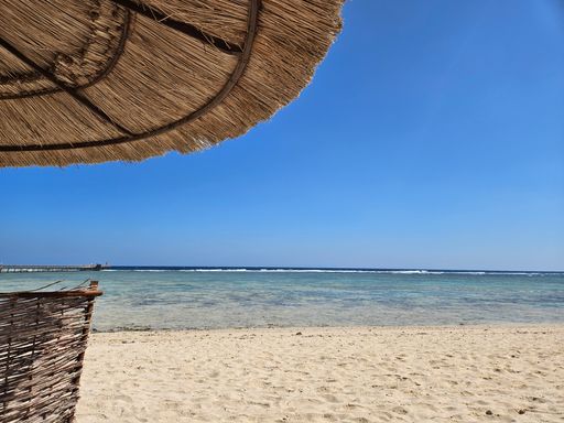 A beach chair and umbrellas by the water's edge