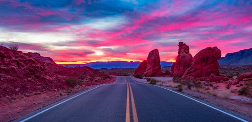 Scenic road in the red rock canyons. Valley of Fire, United States. Adventure Travel.