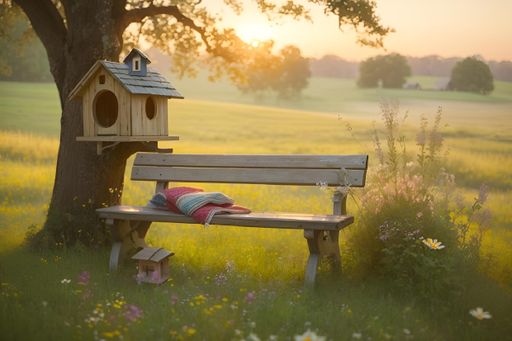 Wooden bench with a hanging birdhouse