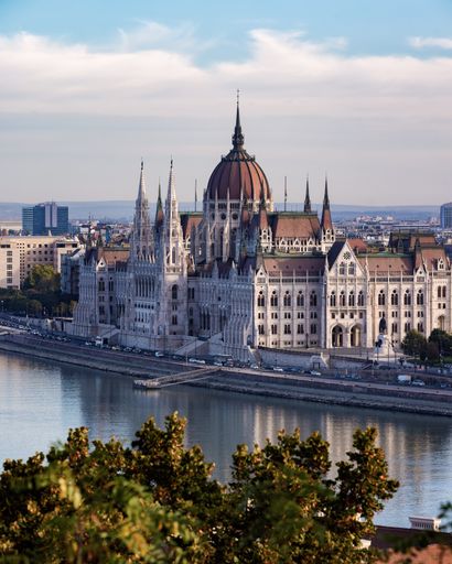 A scenic view of the Hungarian Parliament Building from Buda Castle.