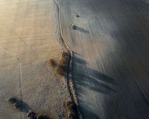 An aerial shot of a field and a small road with beautiful scenery of sunset