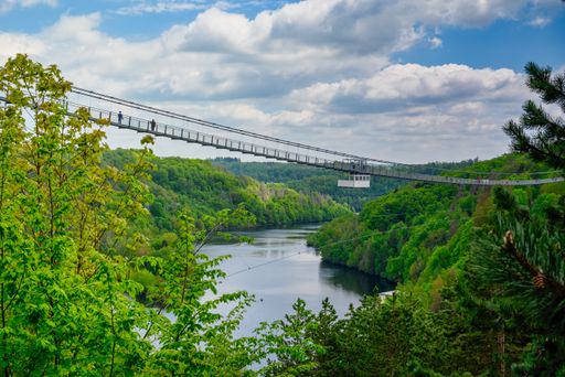 The Titan RT bridge is a 483 m long pedestrian suspension bridge opened in 2017 in the Harz Mountains. The rope bridge is located in the Upper Harz am