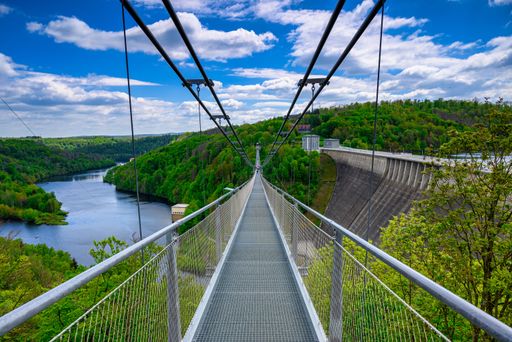 The Titan RT bridge is a 483 m long pedestrian suspension bridge opened in 2017 in the Harz Mountains. The rope bridge is located in the Upper Harz am