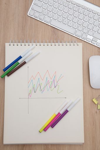A shot of a white keyboard and painted graphs