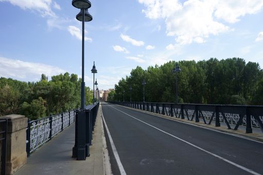 A street with a bridge and some trees. The street is empty and the sky is blue. It is one of the most important bridges in Logrono